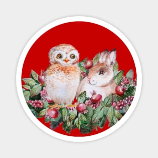 Owl and Bunny Christmas wreath Magnet